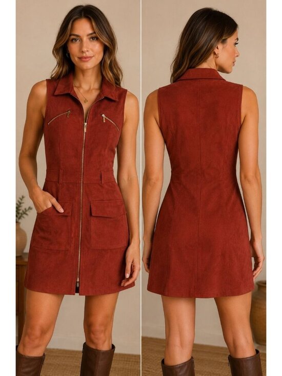 privy Dresses & Skirts - Privy Womens Sleeveless Suede Zip-Up Vest Dress W/Pockets Red Rust Small